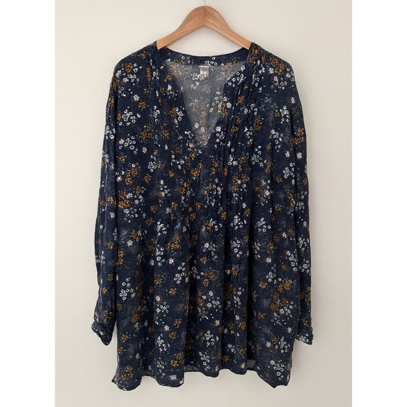 Old Navy Tops - Old Navy sz XXL Womens Blue Floral Long Sleeve V-Neck Flowy Pin Tuck Blouse Boho